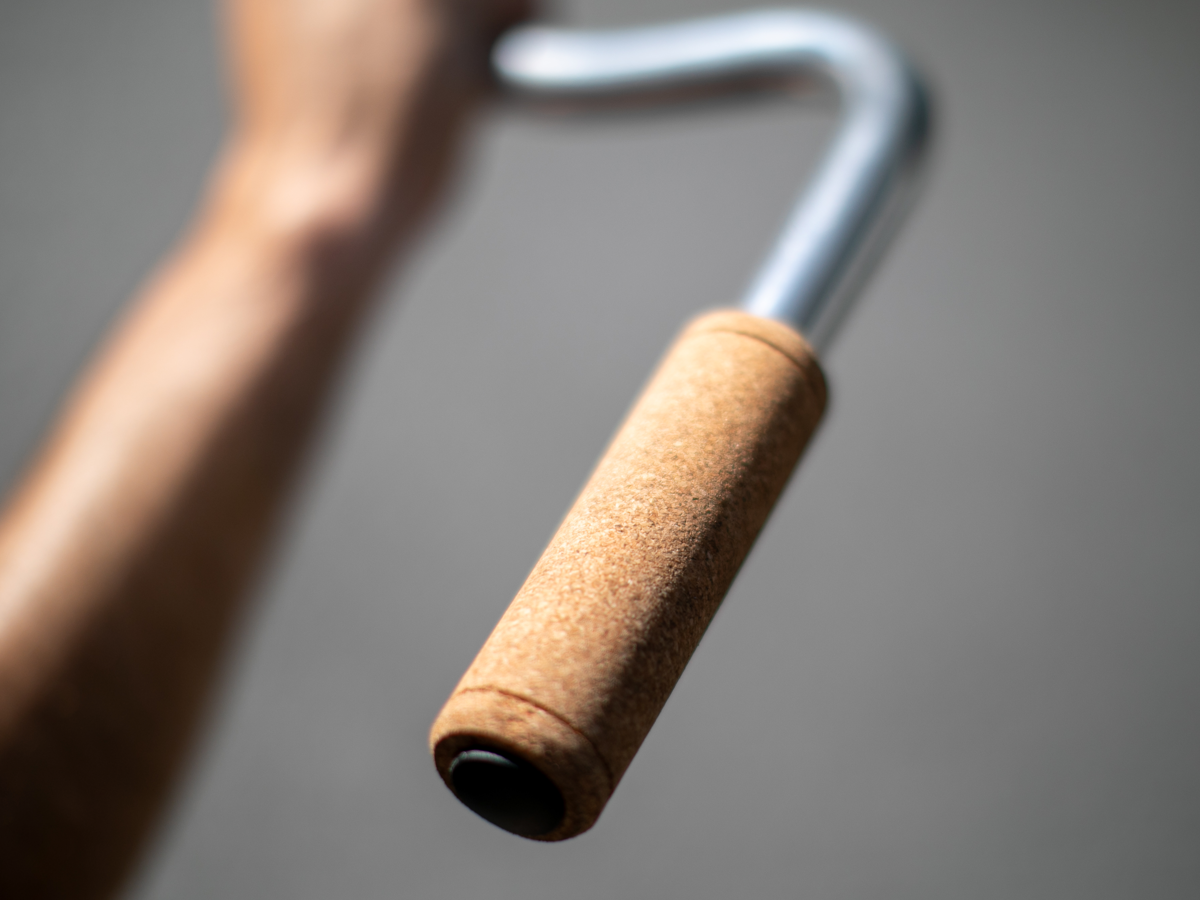 La Mad 1919 Cork Grip — close-up of the natural cork texture and closed end cap, mounted on a silver handlebar